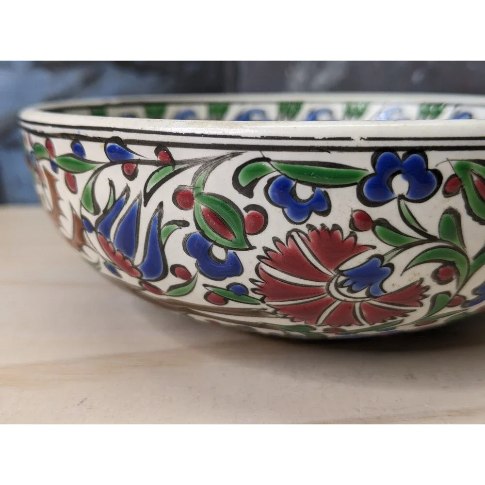 Hand painted Signed Small Turkish Bowl Red Green Floral Deer Trinkets Jewelry